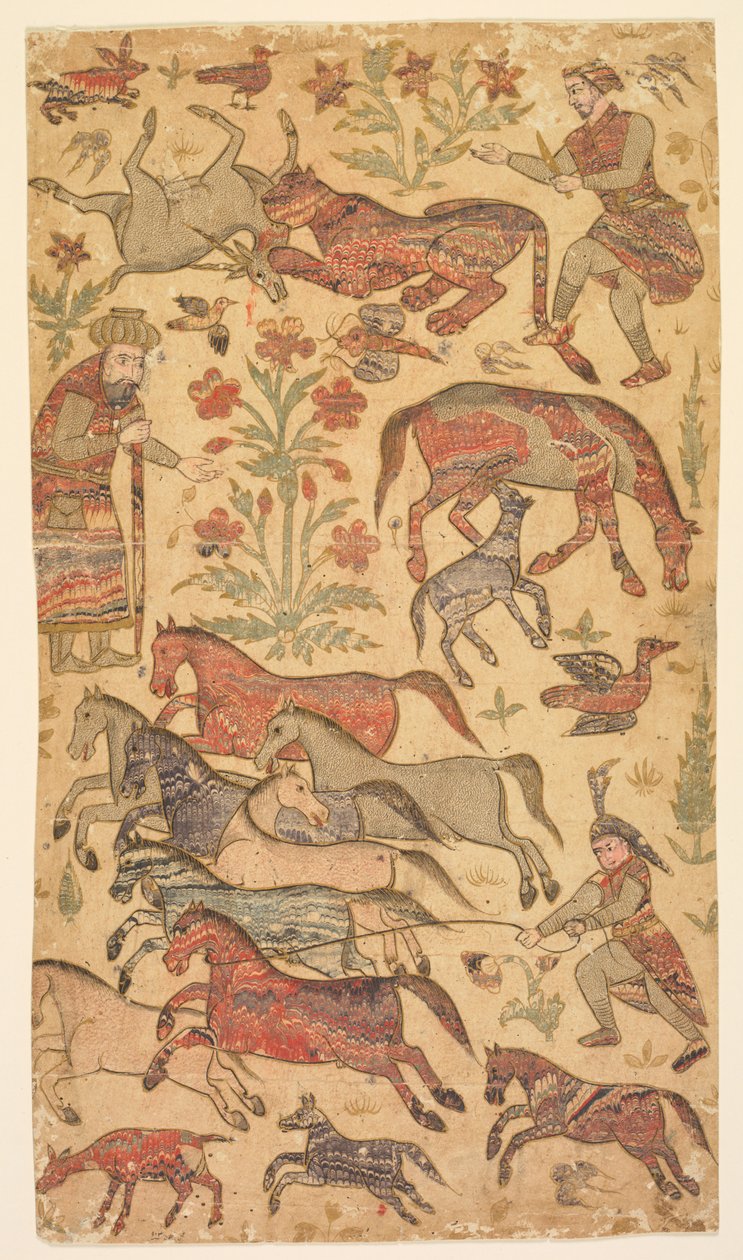Et marmorert bilde av Rustam som fanger Rakhsh, ca. 1650. av Shafi