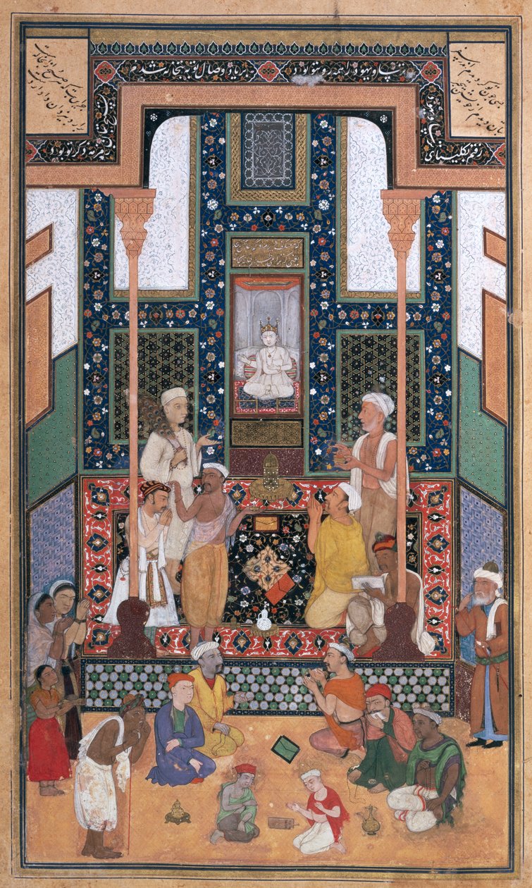 Sadi-besøk til et indisk tempel, miniatyr fra en Bustan (The Orchard) av Sadi, Bukhara, Vest-Usbekistan, ca. 1531-32 (blekk, ugjennomsiktig wc og gull på papir) av Shaykh Zada