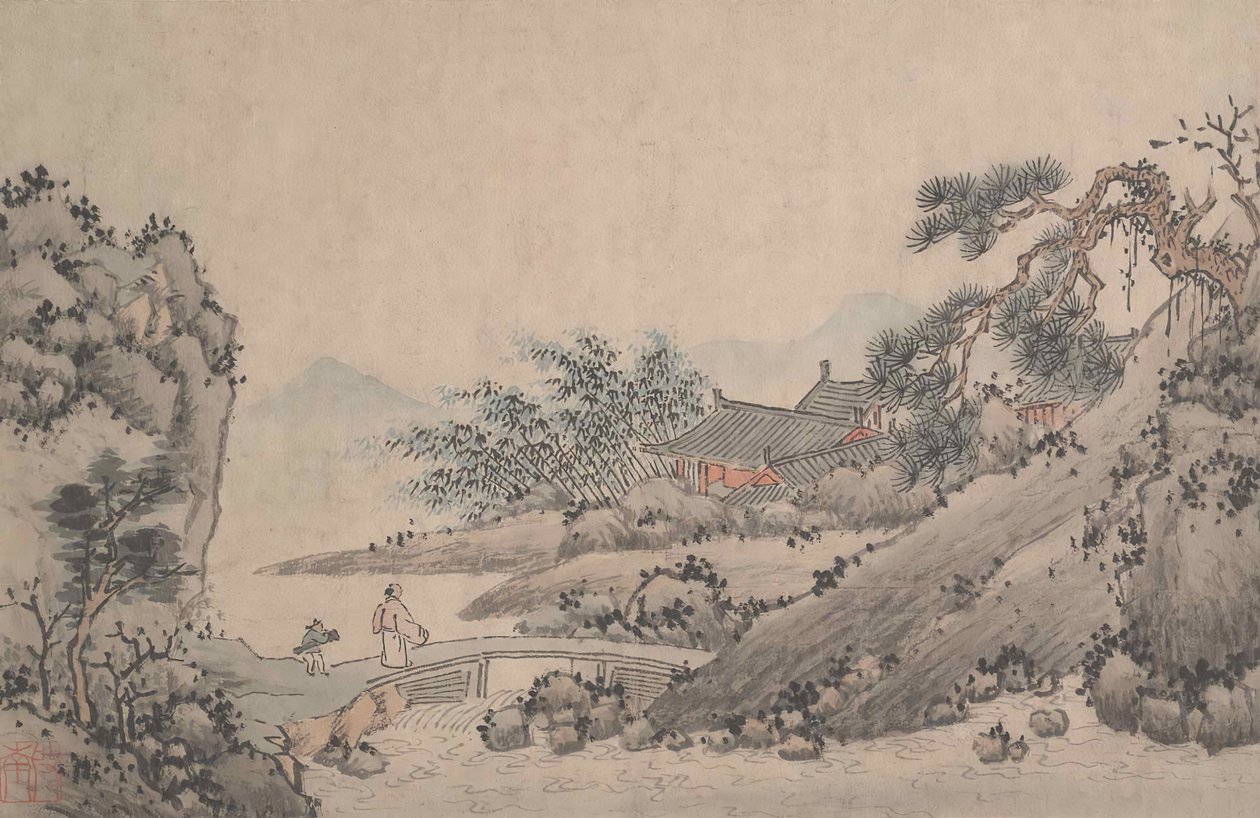 Landskap med mann som krysser broen. av Shen Zhou