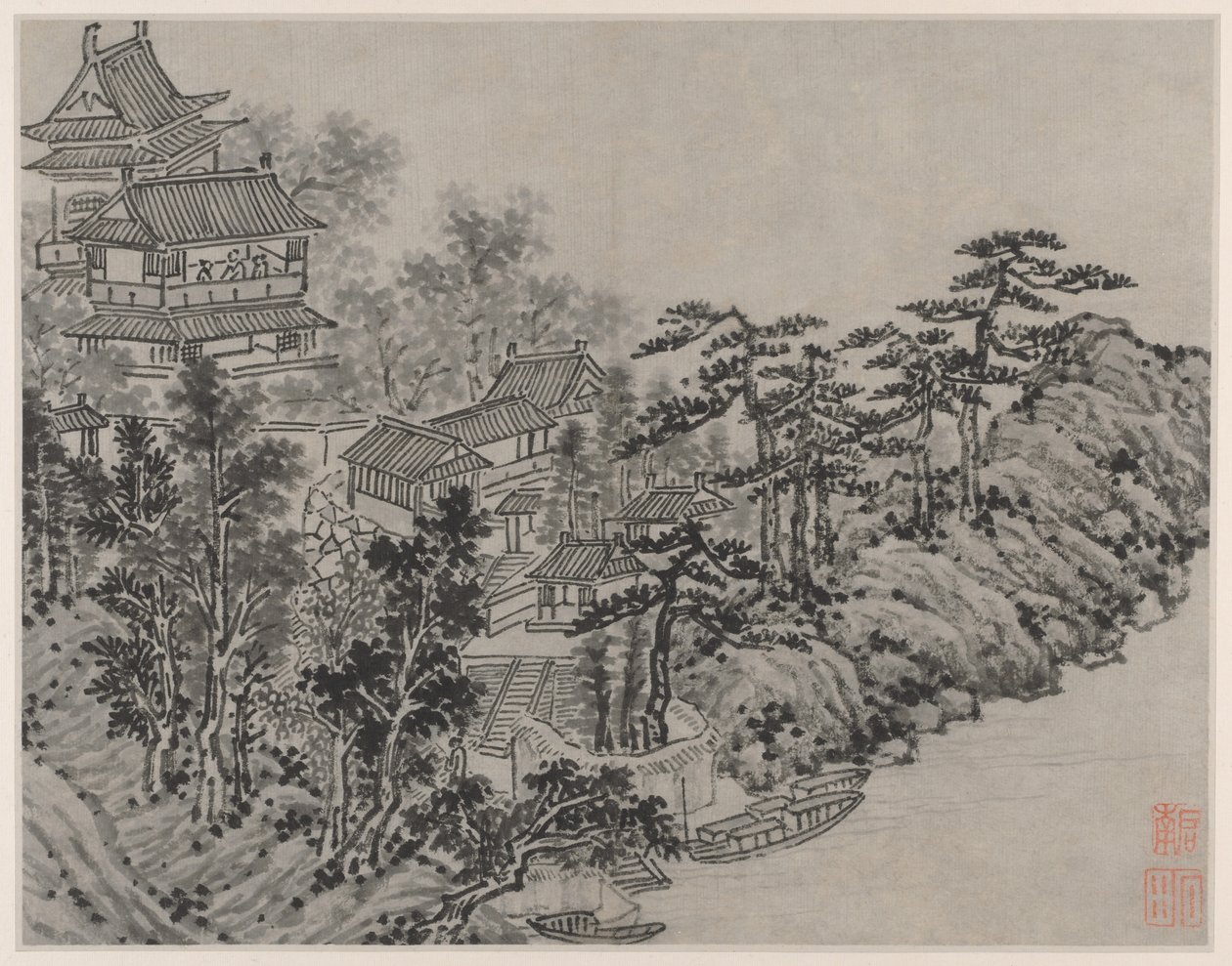 Tolv utsikt over Tiger Hill, Suzhou: Skyklatrepaviljong av Shen Zhou