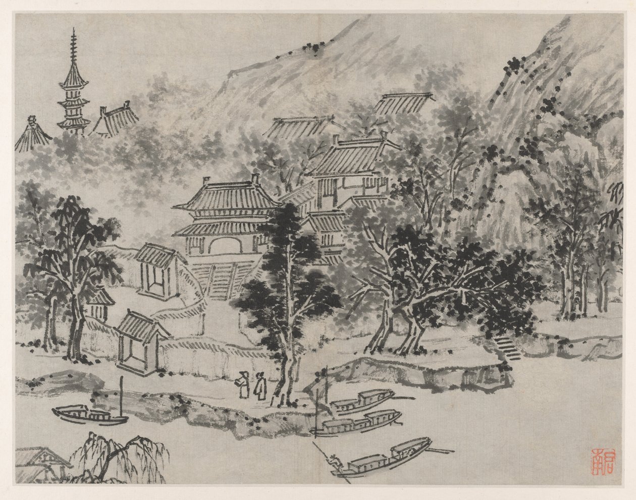 Tolv utsikt over Tiger Hill, Suzhou: Fjern utsikt over Tiger Hill fra Canal Mooring av Shen Zhou