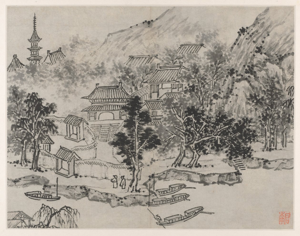 Tolv utsikt over Tiger Hill, Suzhou: Fjern utsikt over Tiger Hill fra Canal Mooring, etter 1490. av Shen Zhou