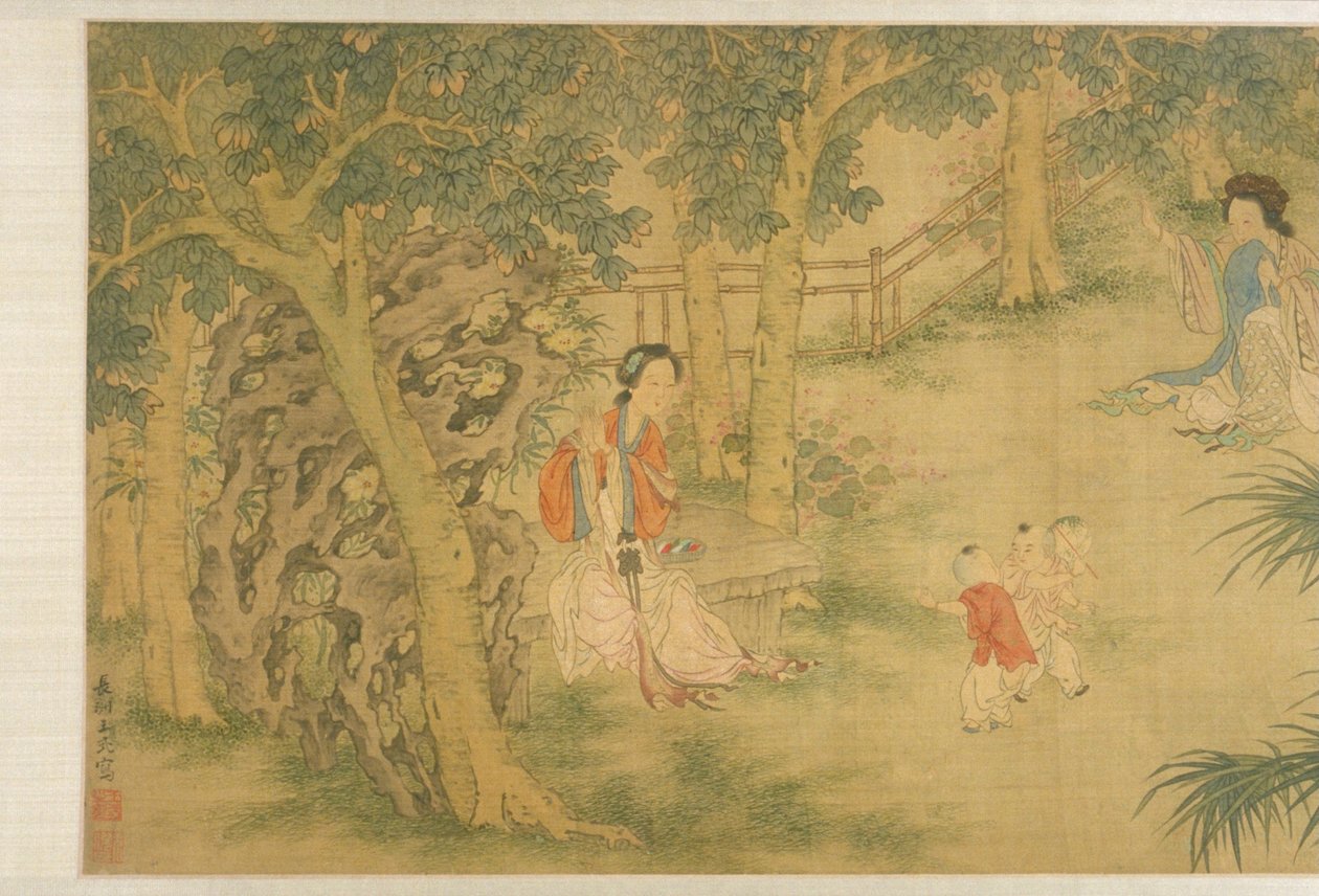 Kvinner og barn i en hage (blekk og farge på silke) av Shi Wang