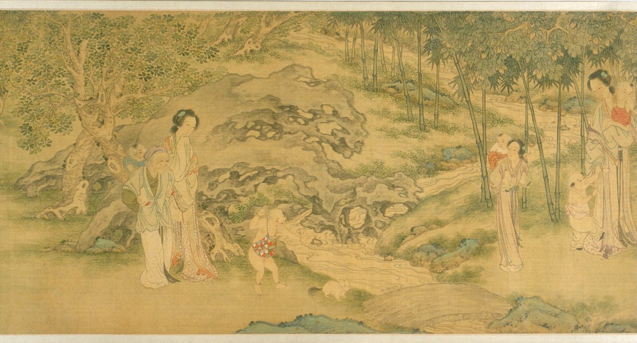 Kvinner og barn i en hage (blekk og farge på silke) av Shi Wang