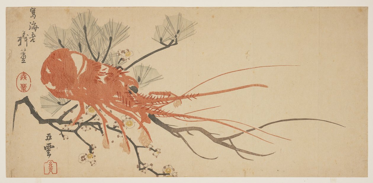 Hummer, plomme og furugren, ca. 1818 (farget treblokktrykk) av Shibata Git