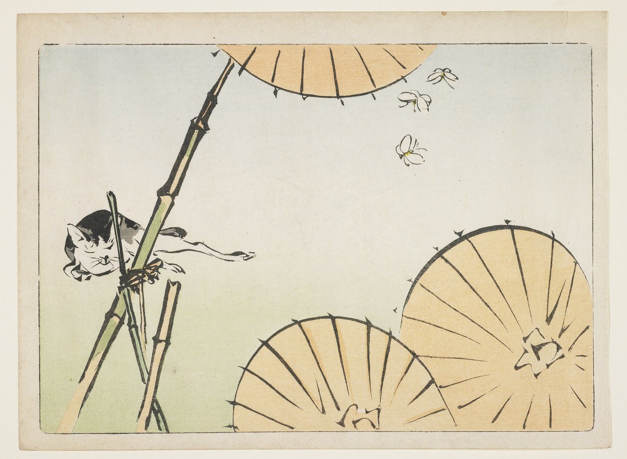 (Bambus, paraplyer, en katt og sommerfugler), ca. 1877 av Shibata Zeshin