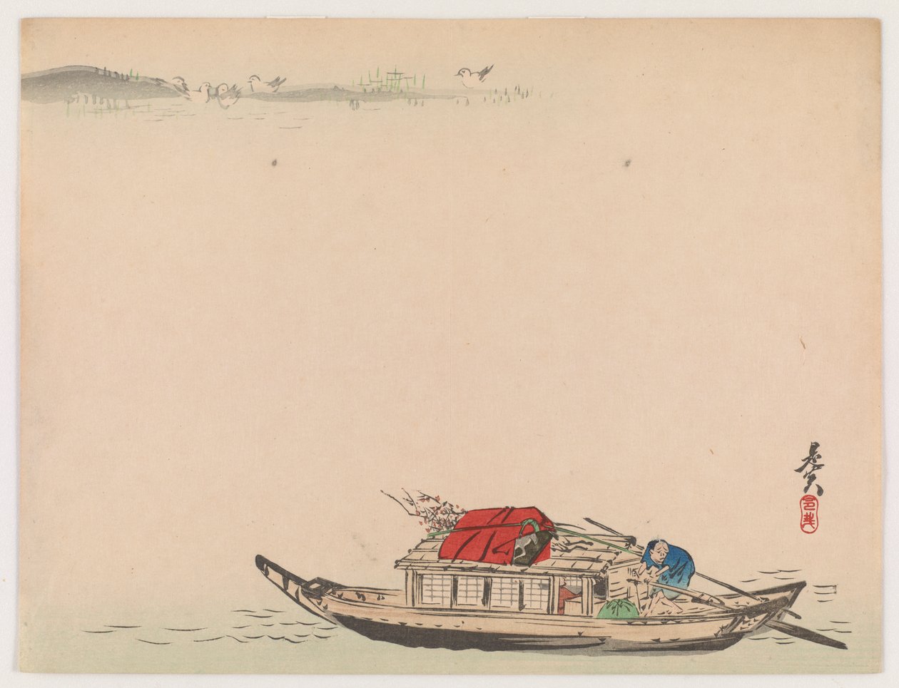 A River Boat (farget treblokktrykk) av Shibata Zeshin