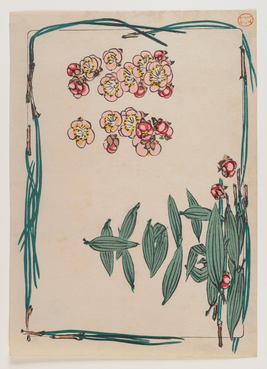 Cherry Blossoms with Pine Needle Border fra serien Hana Kurabe, ca. 1880 (treblokk fargetrykk) av Shibata Zeshin