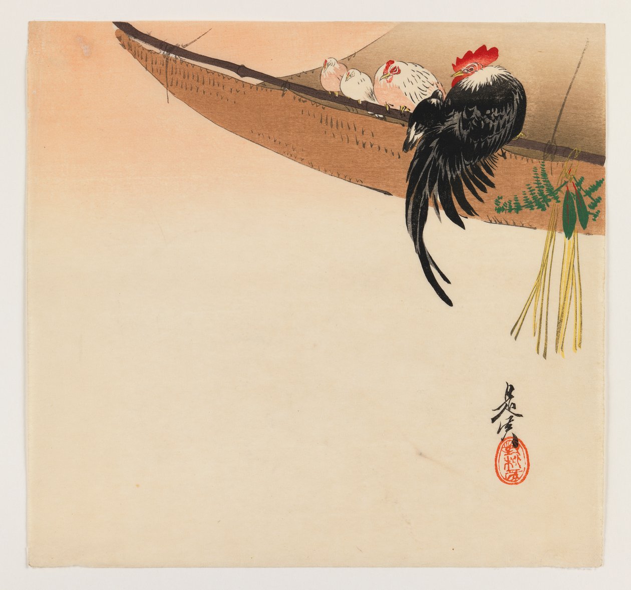 Høner og hane med hengekøye fra serien Hana Kurabe, ca. 1880 (fargetrykk av treblokk) av Shibata Zeshin