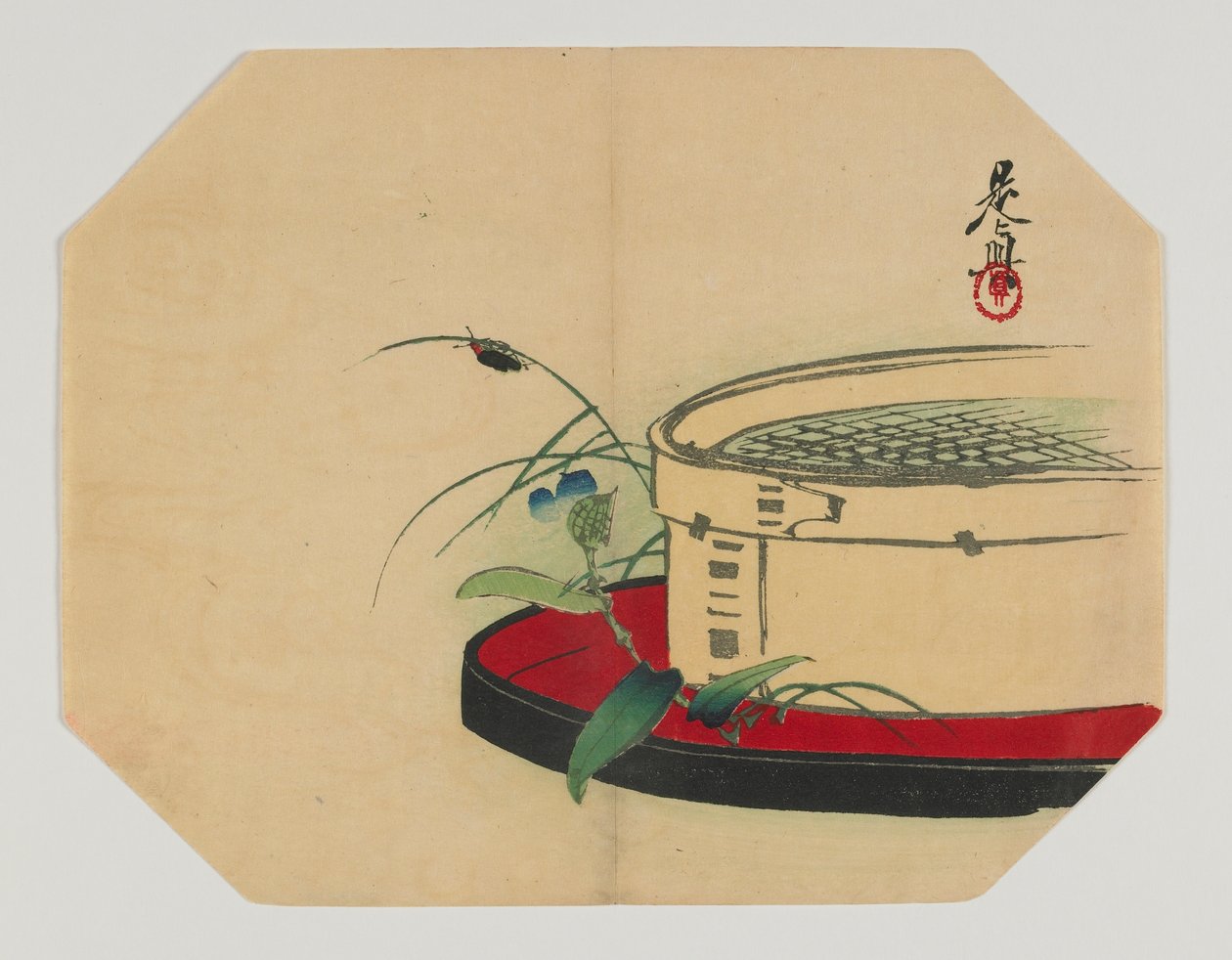 Skriv ut for en uchiwa; ildflue på blomstrende plante, med bambussikt, Meiji-æra, sent på 1800-tallet (farget treblokktrykk) av Shibata Zeshin