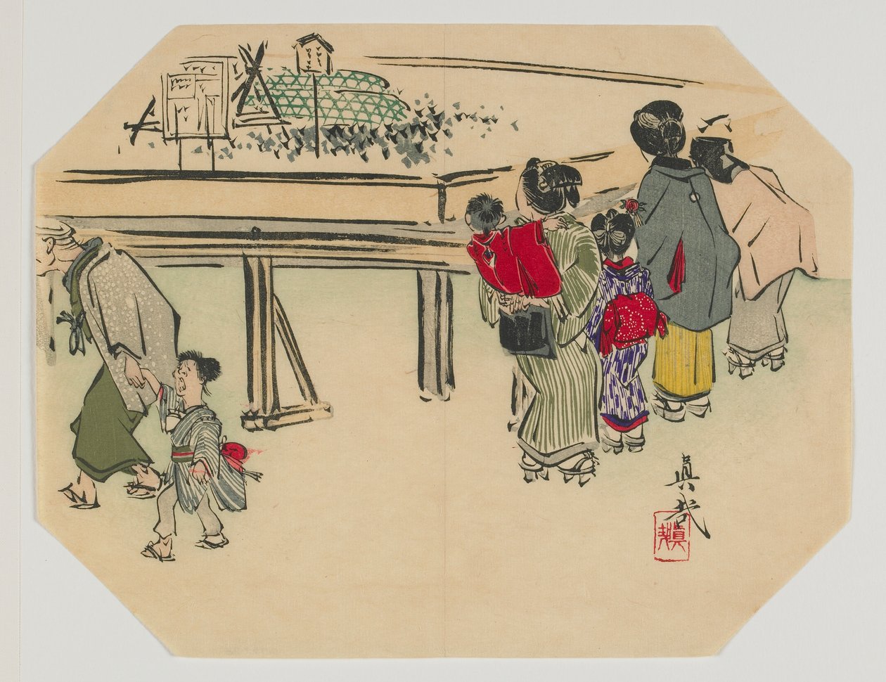Trykk for en uchiwa, kvinner og barn, Meiji-æra, slutten av 1800-tallet (farget treblokktrykk) av Shibata Zeshin