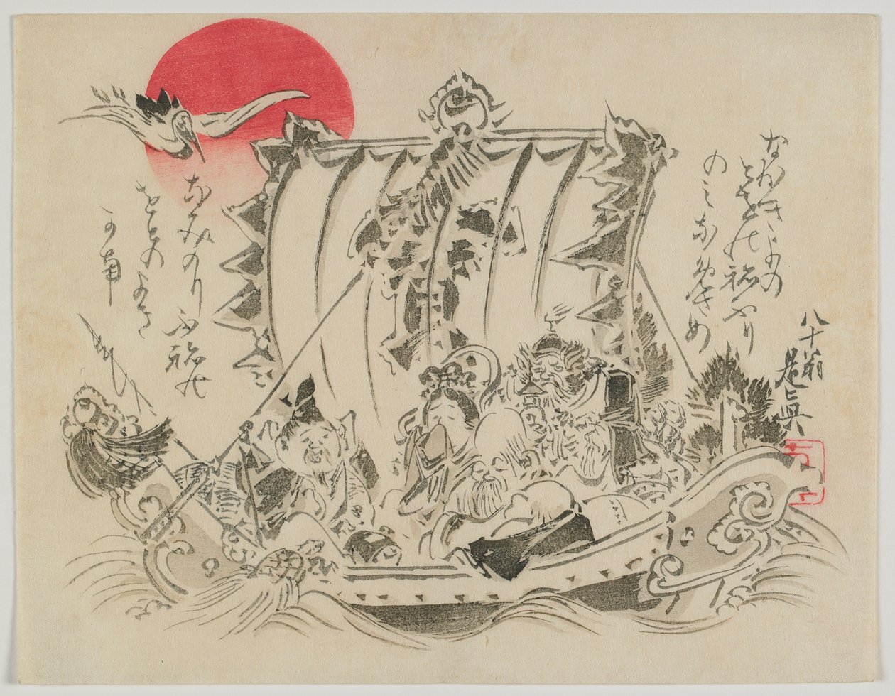 Seven Gods of Fortune in a Treasure Ship, Meiji-tiden, slutten av 1800-tallet (farget treblokktrykk) av Shibata Zeshin