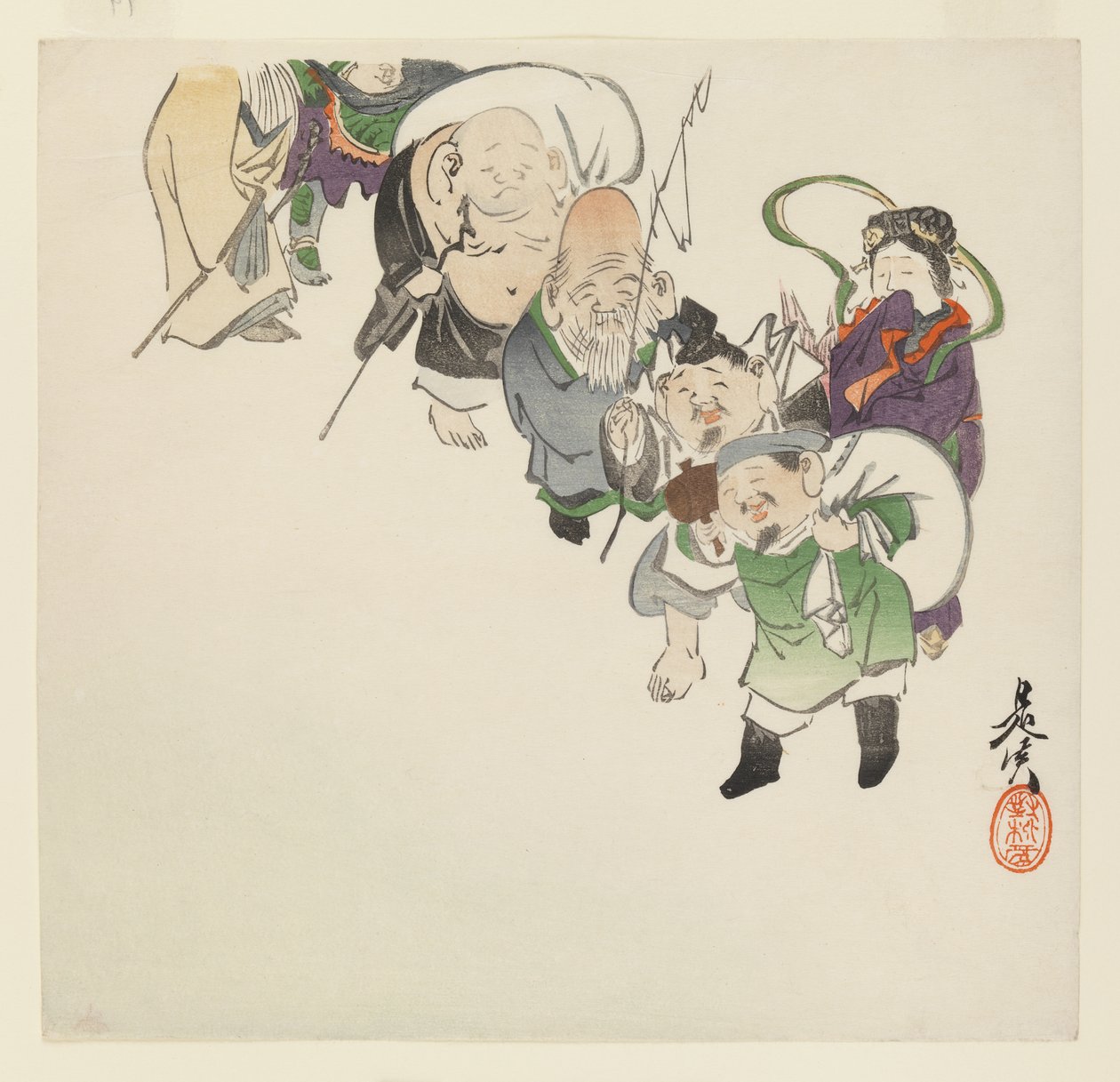 Seven Gods of Good Luck, ca. 1885 (fargetrykk av treblokk) av Shibata Zeshin
