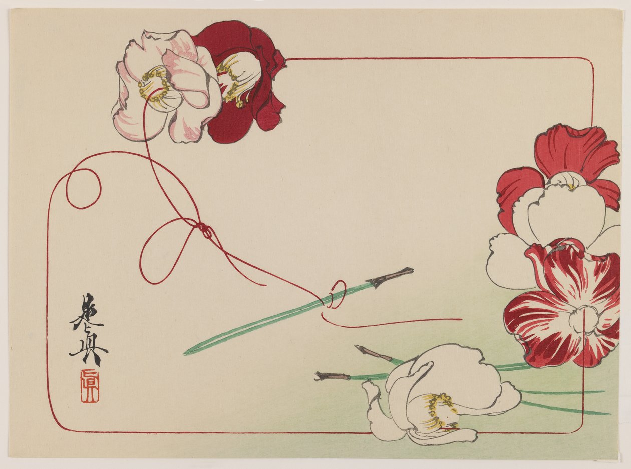 Stringing Poppies, fra serien Comparison of Flowers, ca. 1875-90 (farget treblokktrykk på papir) av Shibata Zeshin