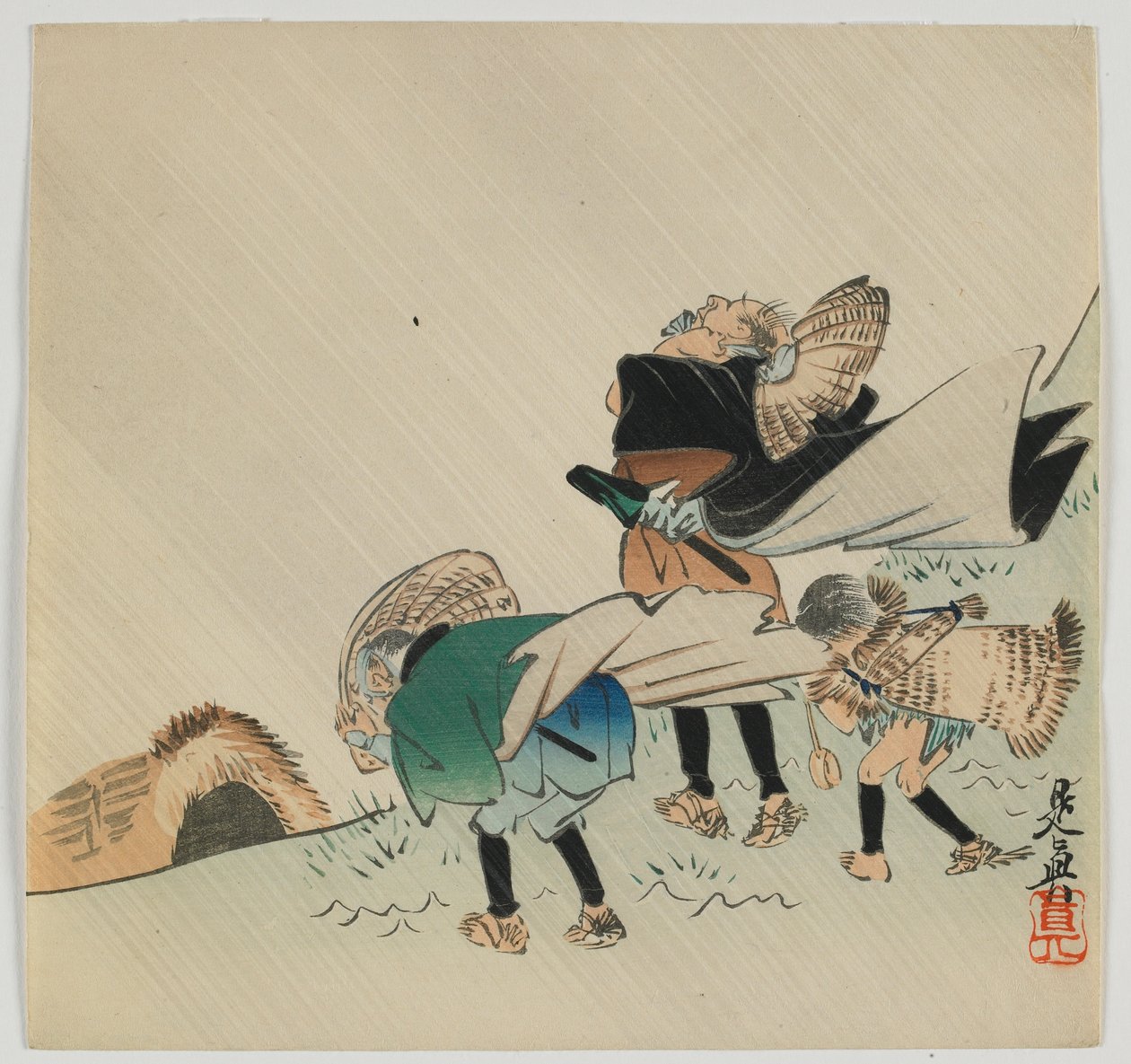 Tre reisende fanget i vinden, Meiji-tiden, sent på 1800-tallet (farget treblokktrykk) av Shibata Zeshin