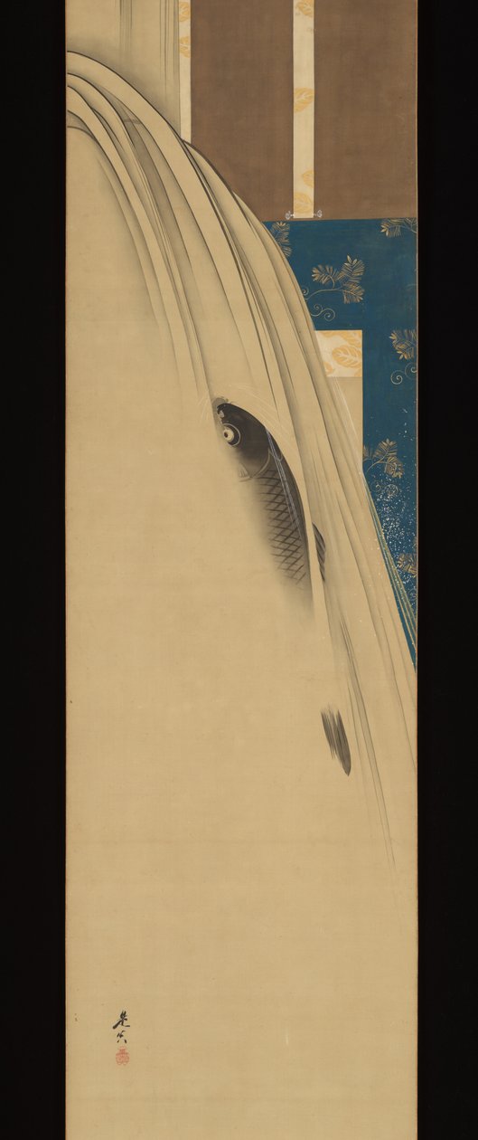Ein Karpfen, der einen Wasserfall hinaufsteigt av Shibata Zeshin