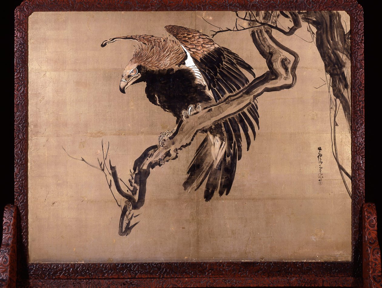 Karpe i bølger (Zeshin) og ørn på en gren (Rosetsus bakside) av Shibata Zeshin