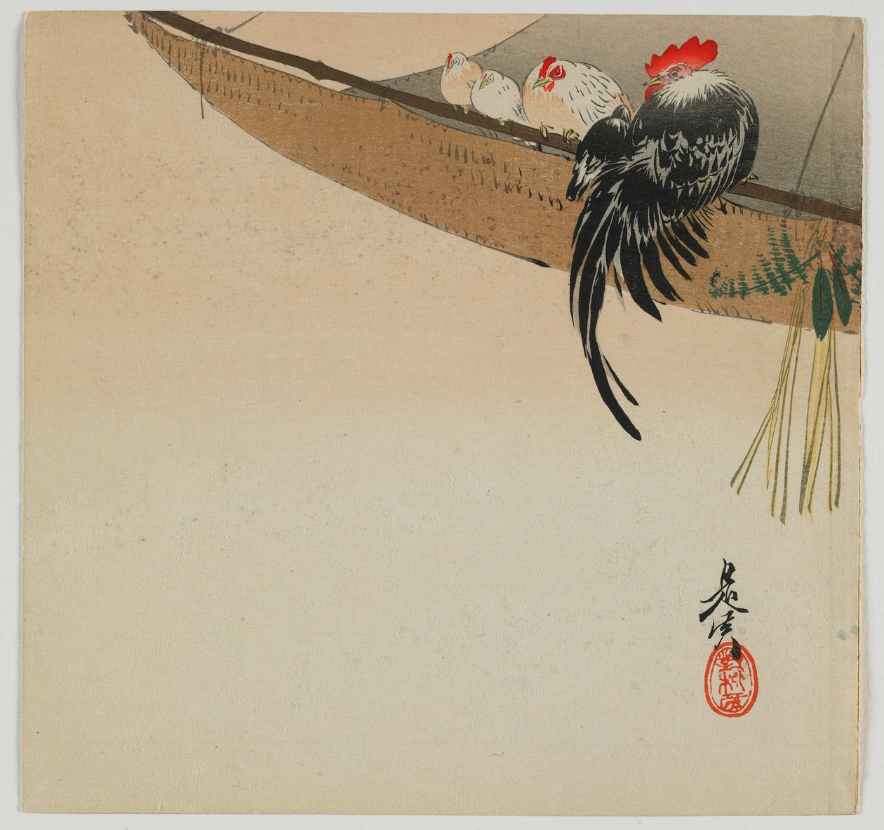 Kyllinger som raster på et seil, Meiji-tiden, slutten av 1800-tallet (farget treblokktrykk) av Shibata Zeshin