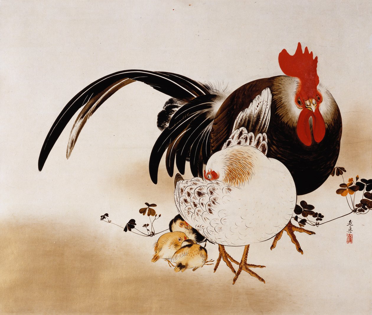 Hane, høne og kyllinger, 1892 av Shibata Zeshin