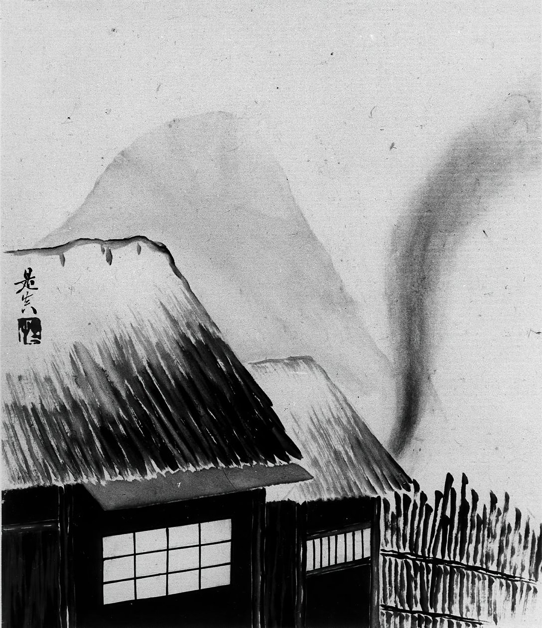 Hytte og fjell, 1800-tallet. av Shibata Zeshin