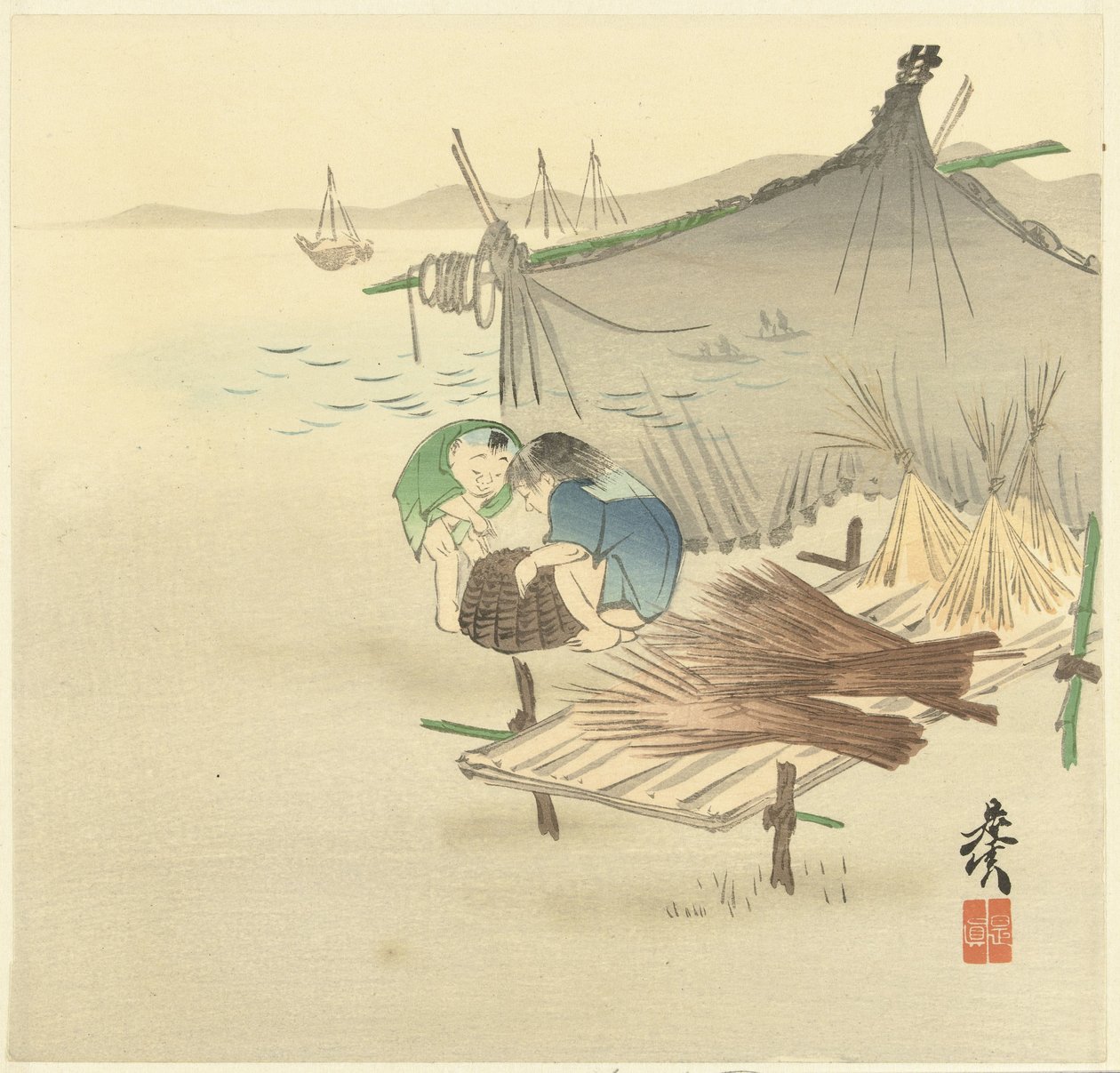 Barn ved et fiskegarn av Shibata Zeshin
