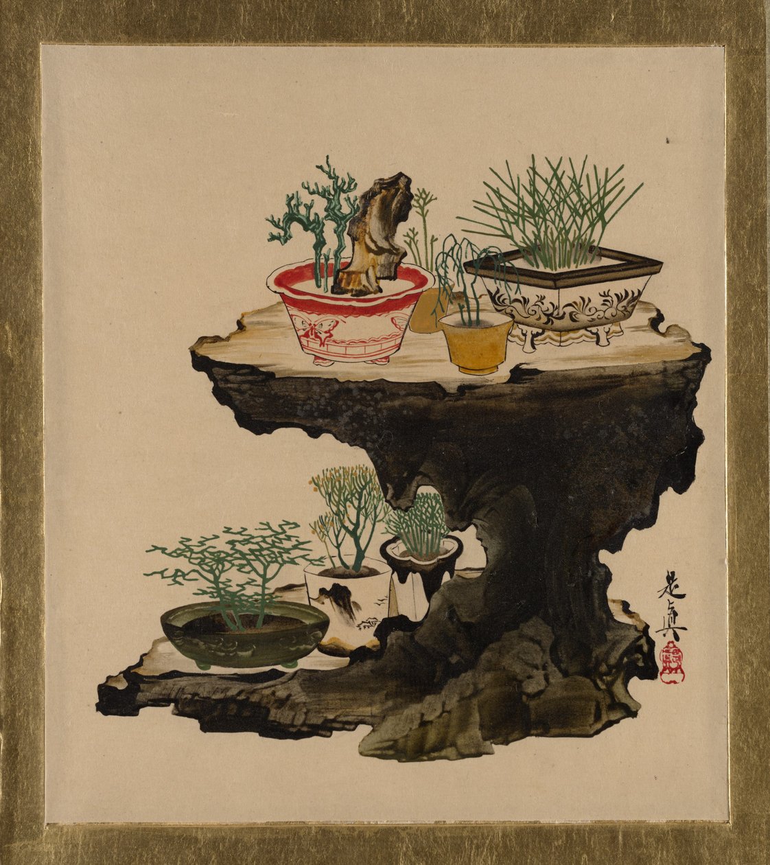 Lakkmalerier av forskjellige emner: Bonsai, 1882. av Shibata Zeshin