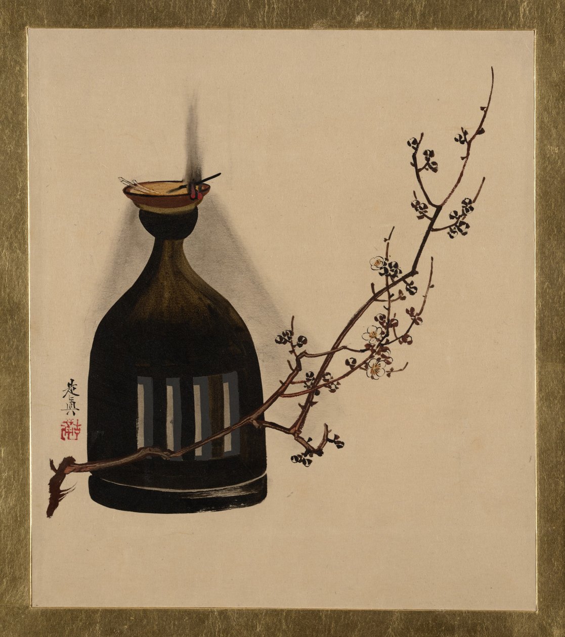 Lakkmalerier av forskjellige emner: Plommegren med oljelampe, 1882. av Shibata Zeshin