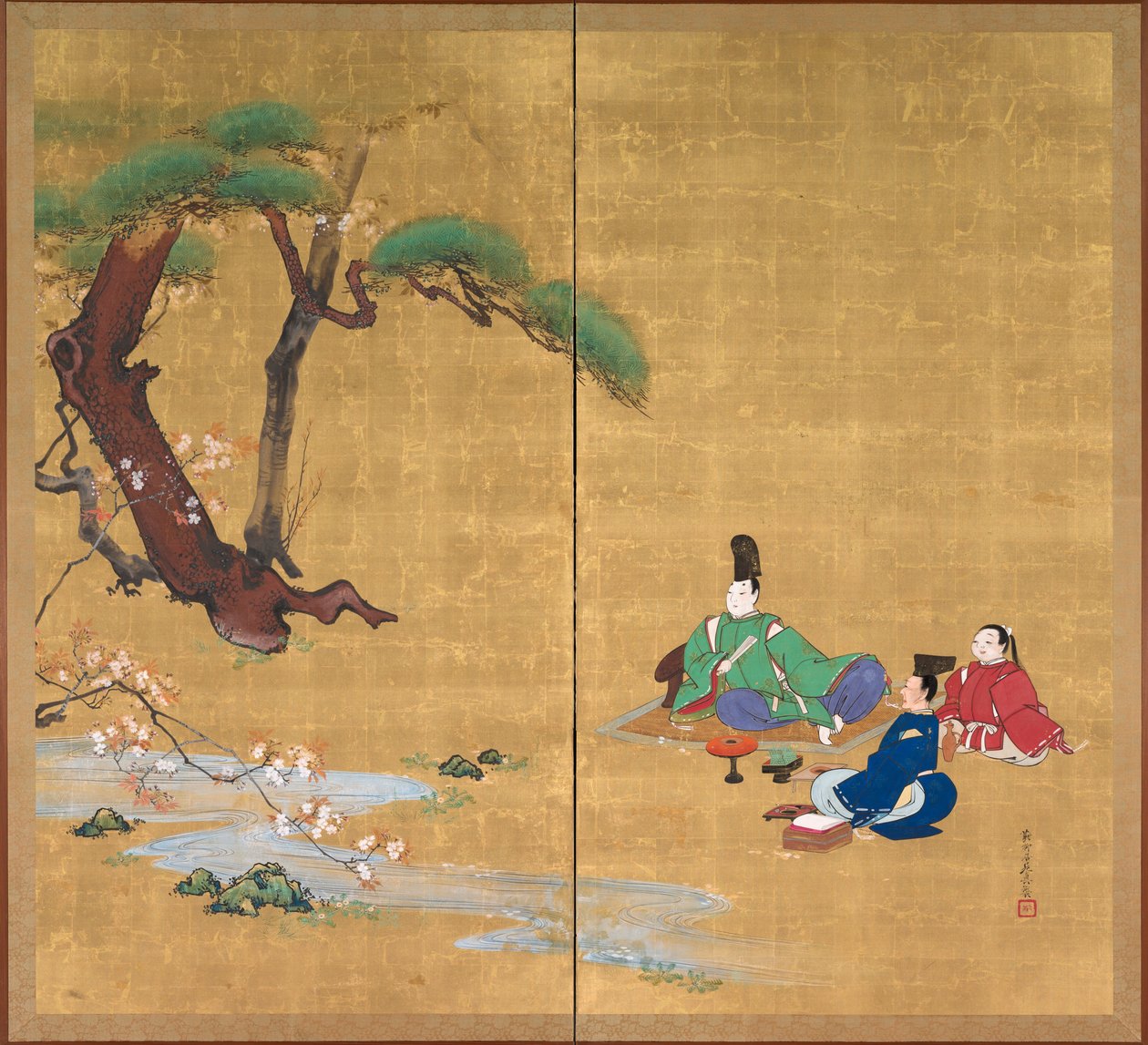 Narihira Viewing the Cherry Blossoms, To-panels foldeskjerm, sent på 1800-tallet (blekk, farge, lakk og gull på silke) av Shibata Zeshin