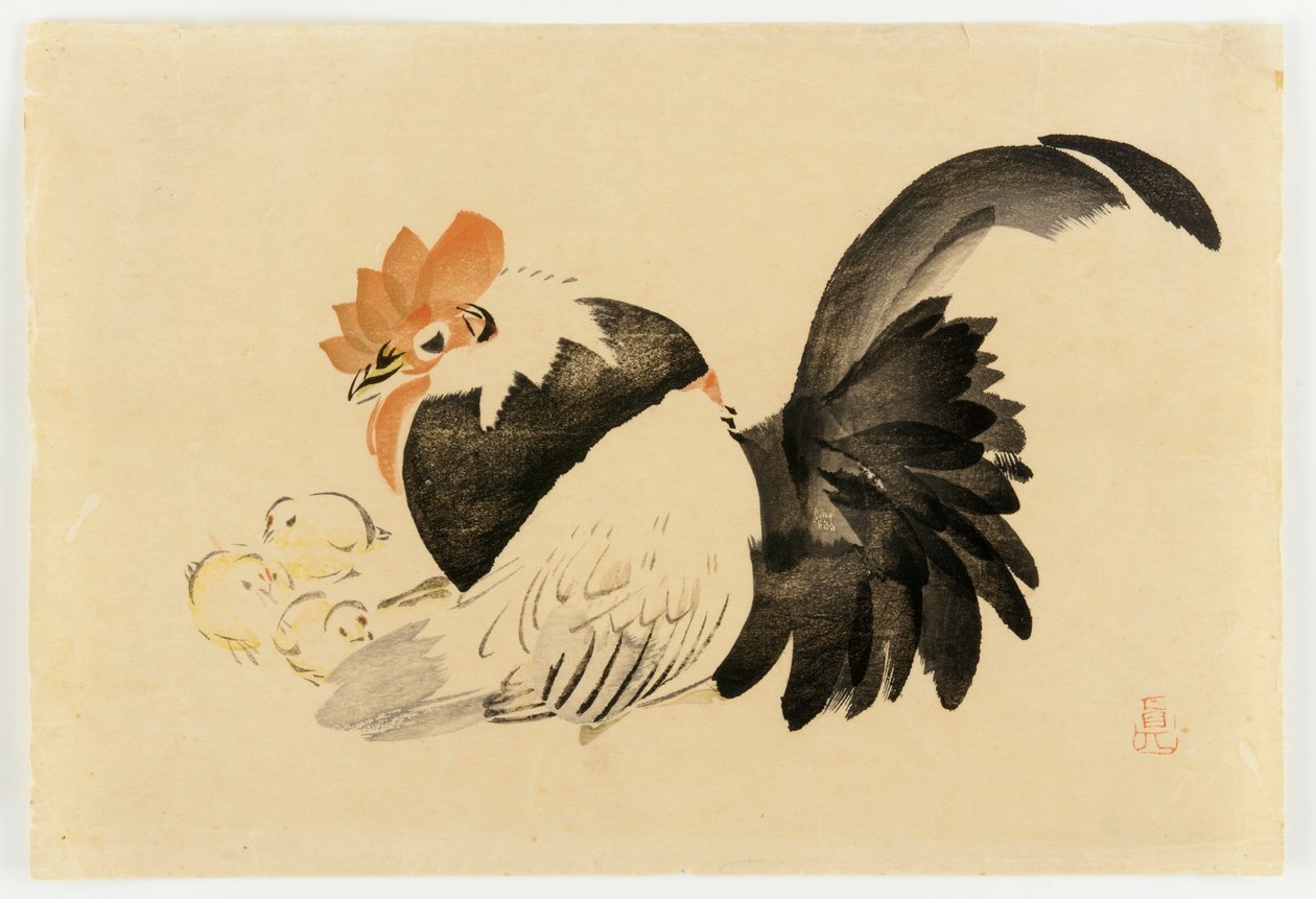 Hane, høne og kyllinger, Meiji-epoken, 1870-79 (treblokktrykk i farger) av Shibata Zeshin