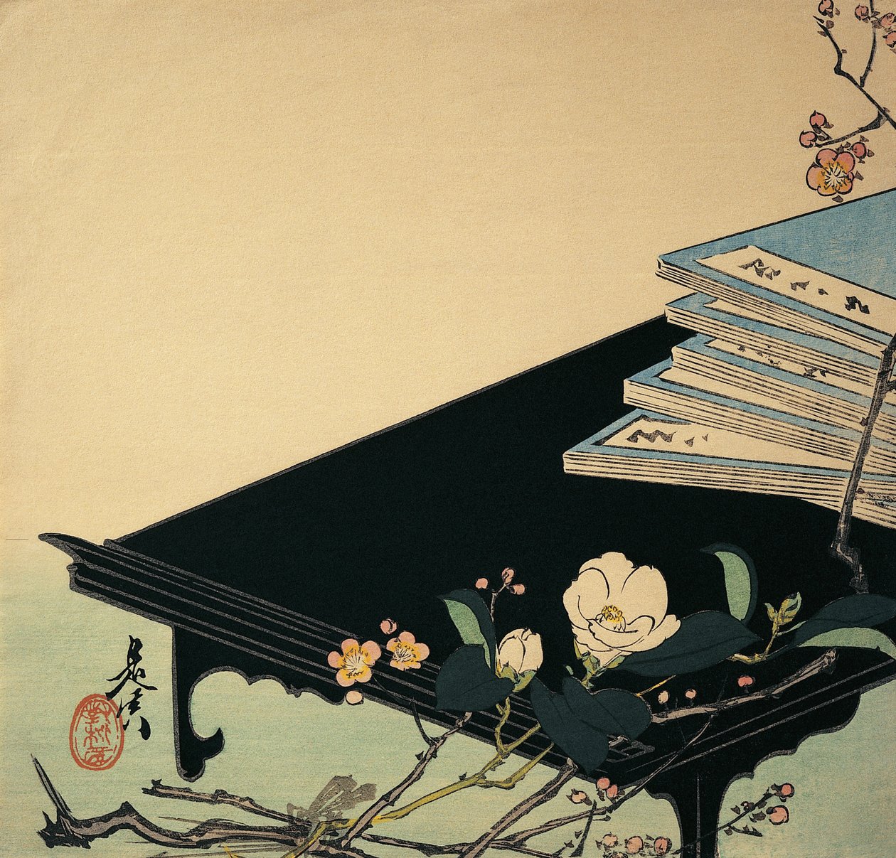 Stabel med bøker og plommeblomster på et bord av Shibata Zeshin