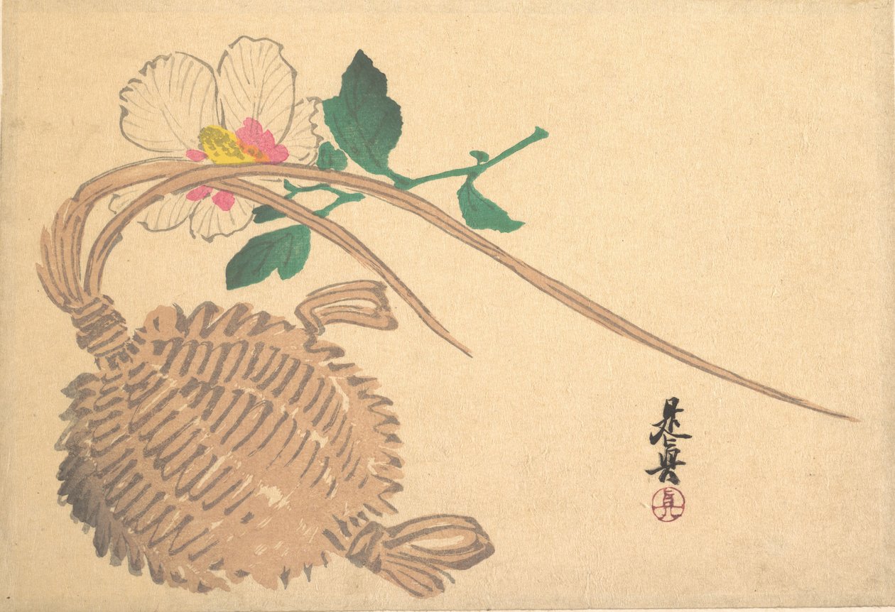 Halmkurv for fisk og mokugeblomst, ca. 1875., ca. 1875. av Shibata Zeshin