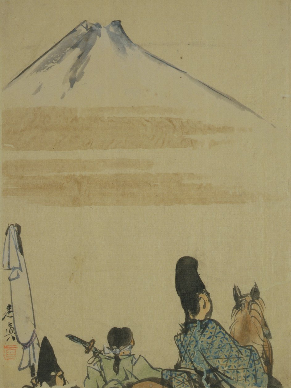 Reisende i nærheten av Fujiyama-fjellet, ca. 1872 (blekk og wc på papir) av Shibata Zeshin