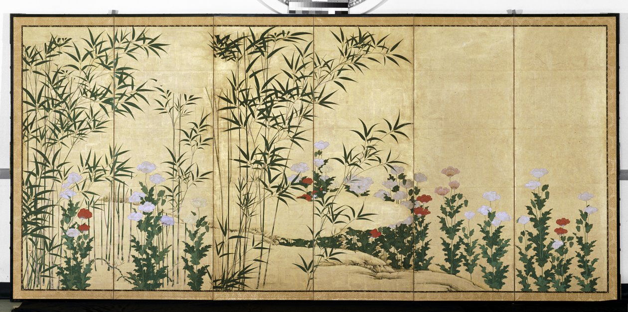Bambus og valmuer, tidlig på 1600-tallet (Par skjermer med seks paneler; blekk, farge og gull på papir) av Shigenobu Kano