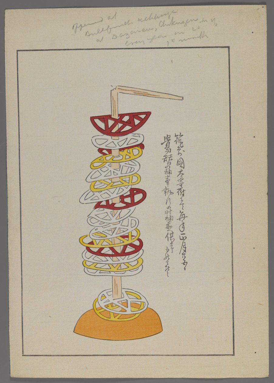Japanske leker, fra Unai no tomo (A Childs Friends) av Shimizu Seifu, 1891-1923. Gjennomhullede geometriske skiver på pinne. av Shimizu Seifu