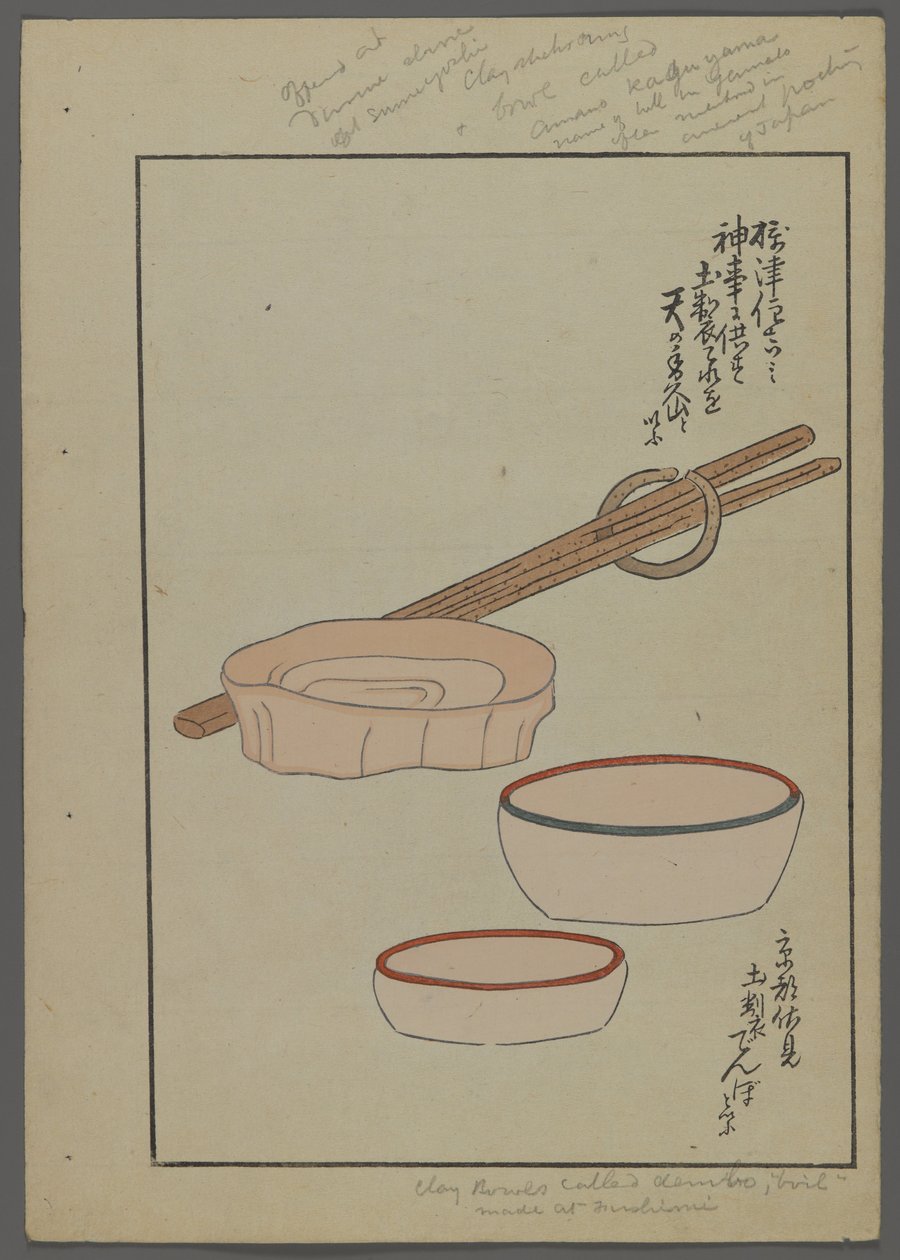 Japanske leker, fra Unai no tomo (A Childs Friends) av Shimizu Seifu, 1891-1923. Skåler, spisepinner. av Shimizu Seifu