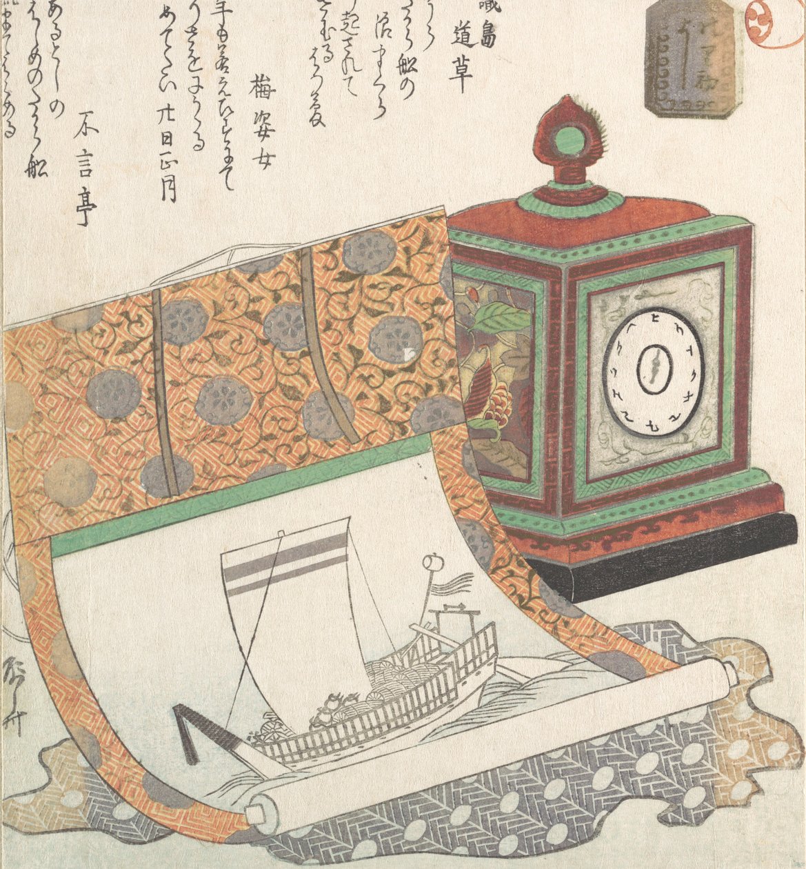 Table-Clock and Kakemono of a Treasure Boat, 1800-tallet., 1800-tallet. av Shinsai