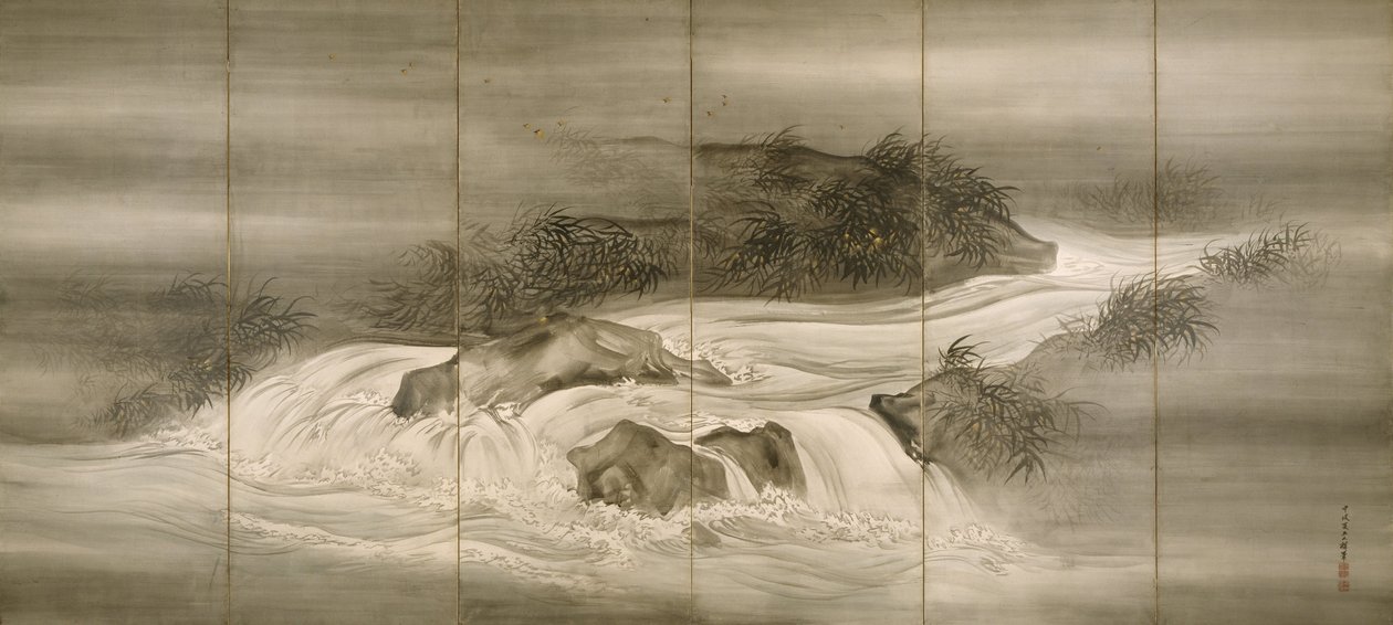 Elvelandskap med ildfluer, 1874 av Shiokawa Bunrin