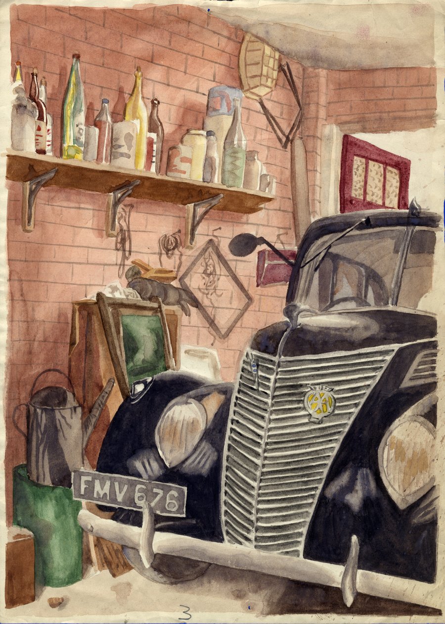 Bil i garasje, c1950. av Shirley Markham