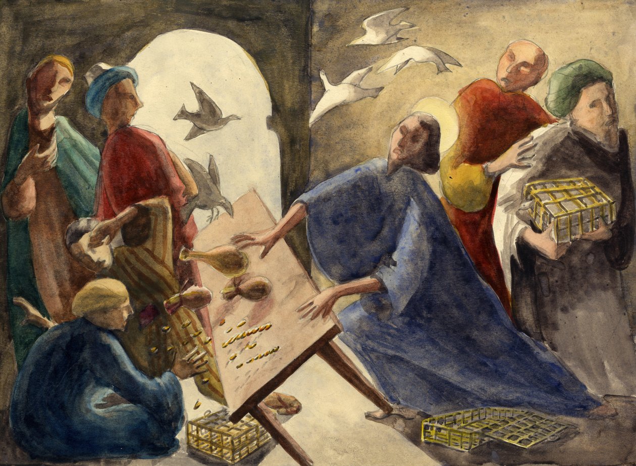 Kristus kaster kjøpmennene ut av templet, ca 1950. av Shirley Markham