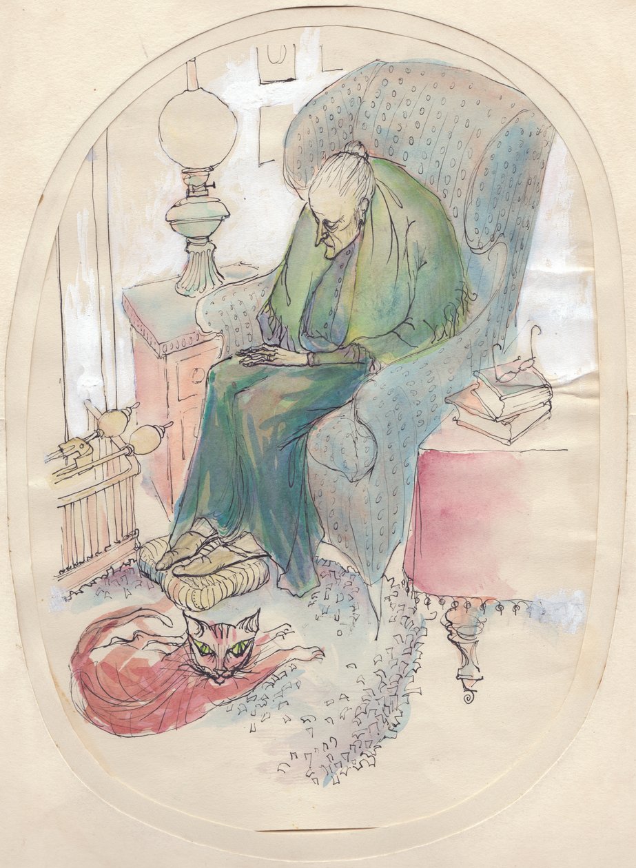 Gammel kvinne og katt, 1951. av Shirley Markham
