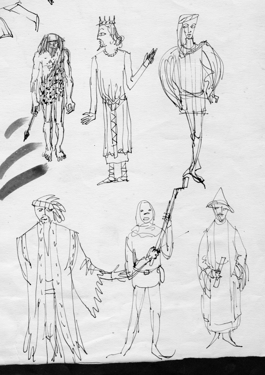 Side med skisser, mennesker i tidsriktig kostyme, c1950. av Shirley Markham