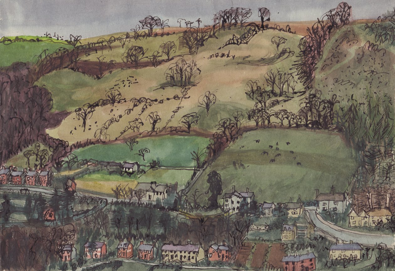 Landsby og mark, c1950. av Shirley Markham