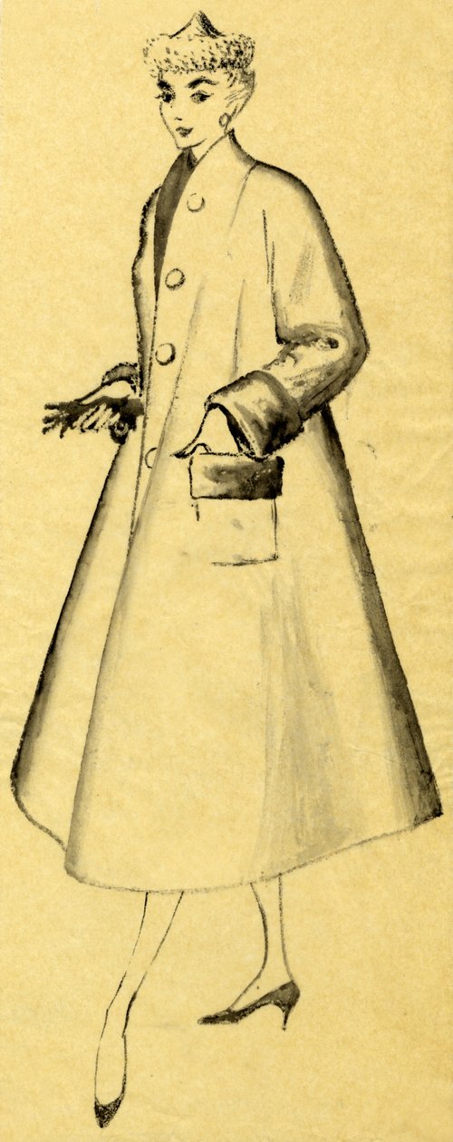 Kvinne i støvkåpe og spiss hatt, c1952. av Shirley Markham