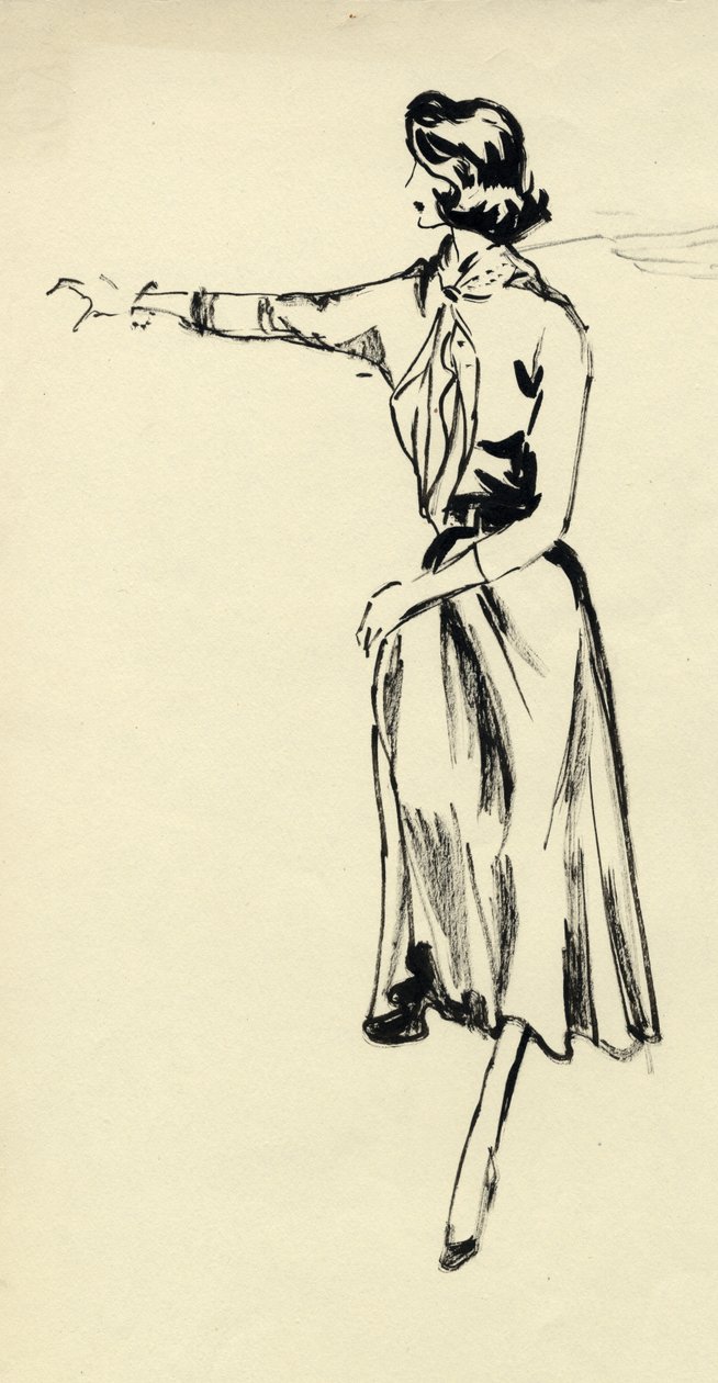 Kvinne i helskjørt med utstrakt arm, c1950. av Shirley Markham