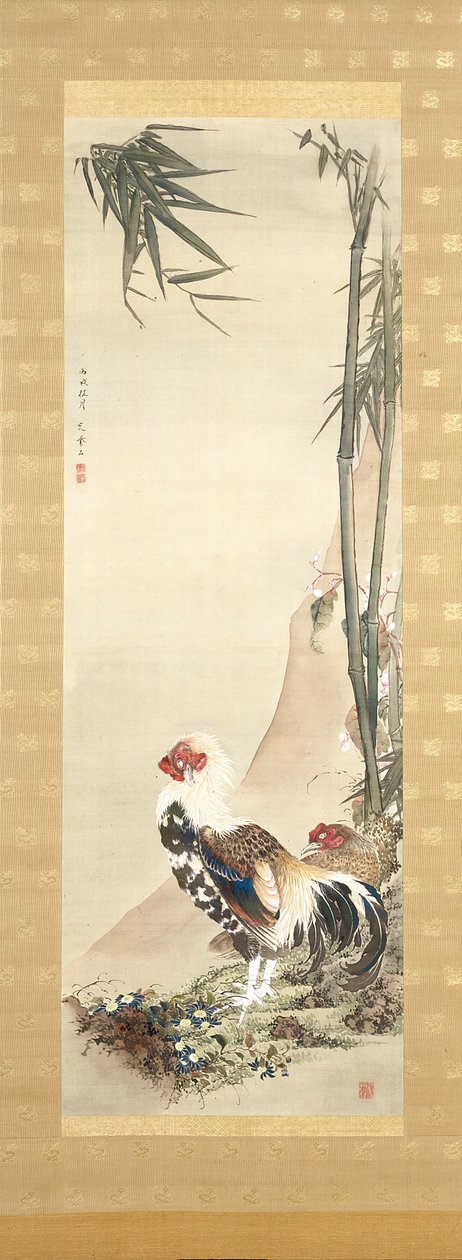 Cock And Hen (blekk og farge på silke) av Shiseki So Kankaku