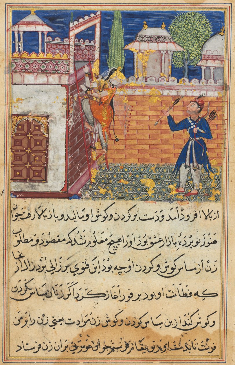 Side fra Tales of a Parrot Tuti-nama: Åttende natt: Den svikefulle kona kommer tilbake..., 1558-1560. av Shravana