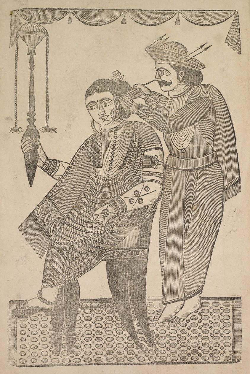 En frisør som renser øret til en kurtisane, 1800-tallet. av Shri Gobinda Chandra Roy