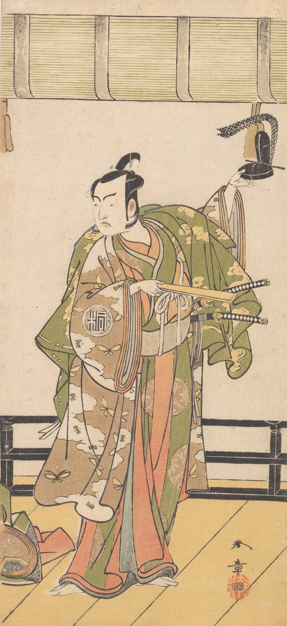 Arashi Sangoro som en samurai som står på verandaen til et stort hus, 1774 eller 1775. av Shunsho