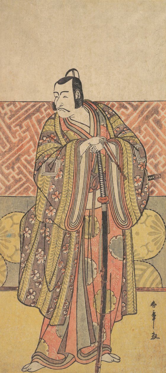 Ichikawa Danjuro V som Kudo Suketsune, Richly Attired, Leaning on His Sword, sent på 1700-tallet. av Shunsho