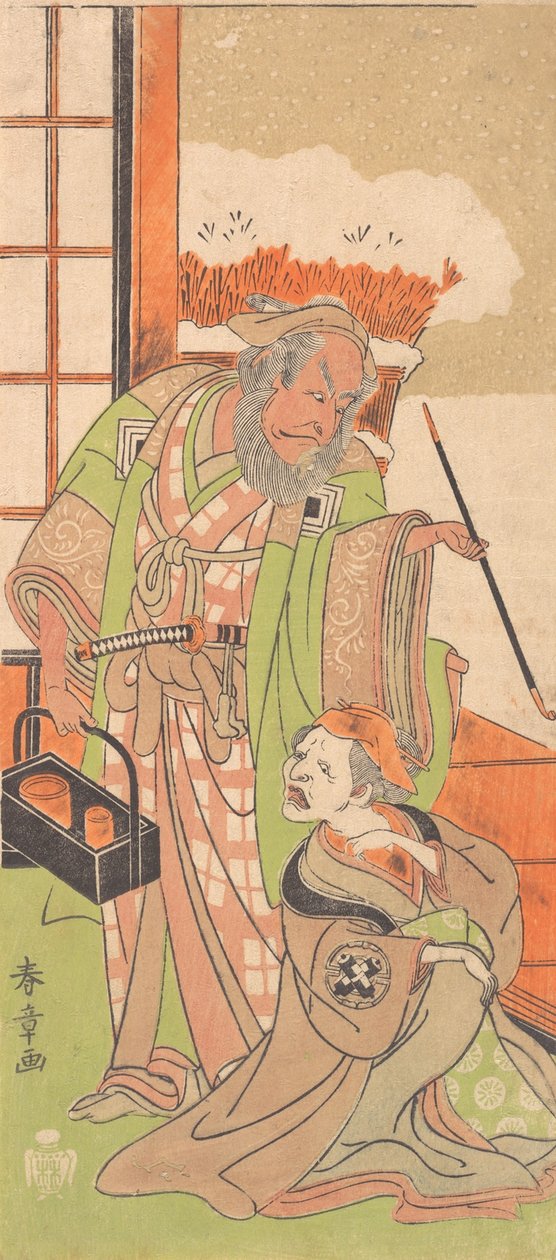 Scene fra andre akt av dramaet Kawaranu Hana Sakae Hachinoki, 12. måned, 1769. av Shunsho